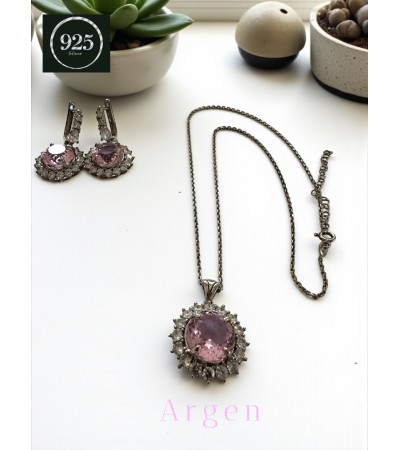 Elmas Kesim Elegant Pembe Yuvarlak Motif Kadın Gümüş Set