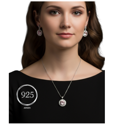 Elmas Kesim Elegant Pembe Yuvarlak Motif Kadın Gümüş Set