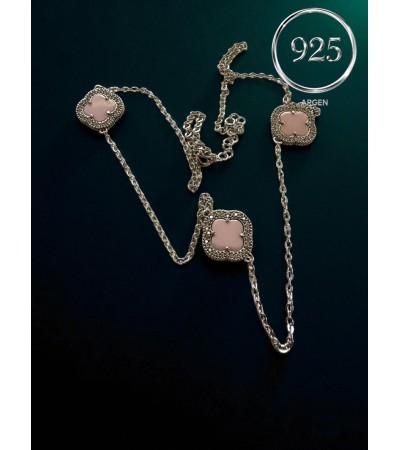 ÜÇ YONCALI ELMAS KESİM PEMBE SEDEFLİ GÜMÜŞ KOLYE