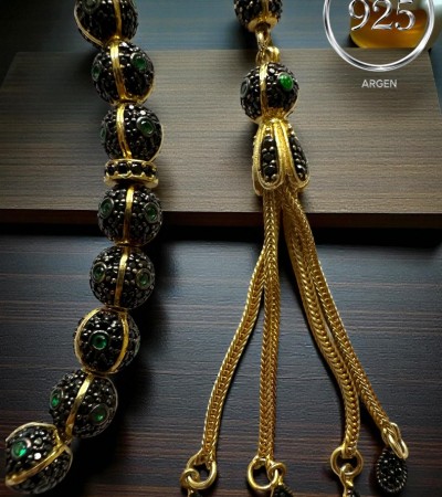 ELMAS KESİM GOLD-YEŞİL AĞIR GÜMÜŞ TESBİH