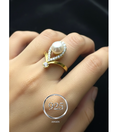 ÖLÇÜ 16 GOLD İNCİLİ ZİRKONİA KADIN 925 AYAR GÜMÜŞ YÜZÜK
